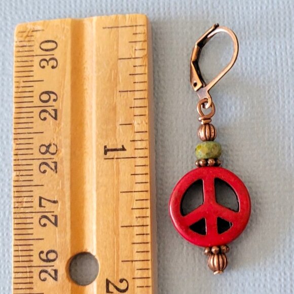 Burgundy RED Howlite Peace Sign Czech Copper Earrings Brass Lever Back Earwires - Picture 8 of 9